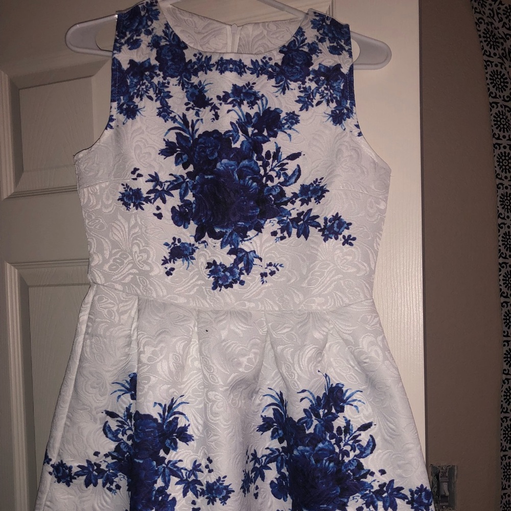 white and blue floral dress